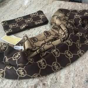 Michael Kors Dark Brown and Gold Logo Set hat head band and scarf NWT 60.00